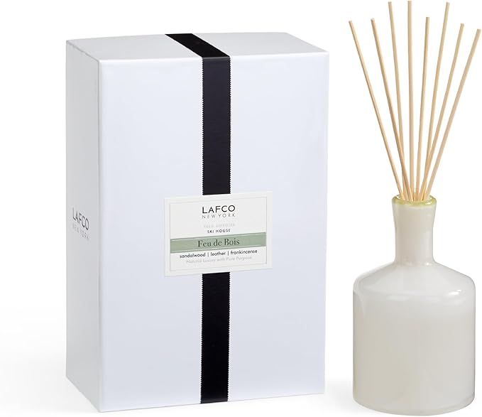 LAFCO New York Signature Reed Diffuser Feu de Bois - 15 oz - Up to 9 Months Fragrance Life - Reusable Hand Blown Glass Vessel - Natural Wood Reeds - Made in The USA