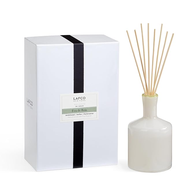 LAFCO New York Signature Reed Diffuser Feu de Bois - 15 oz - Up to 9 Months Fragrance Life - Reusable Hand Blown Glass Vessel - Natural Wood Reeds - Made in The USA