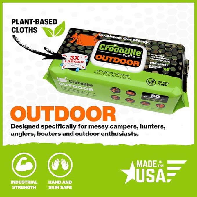 Crocodile Cloth Outdoor Cleaning Wipes – 8 Packs/640 Total Count Plant-Based Cloths (15x10) Skin Safe Pre-Moistened Aloe &amp Vitamin E Infused Large Absorbent Multi-Surface Disposable Wipes