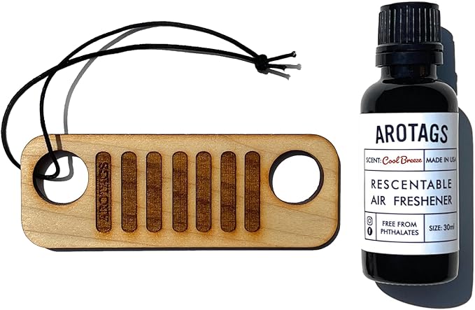 Arotags Offroad Wooden Car Air Freshener - Long Lasting Cool Breeze Scent Diffuses for 365+ Days - Includes Hanging Mirror Diffuser and Fragrance Oil - 100% American Made