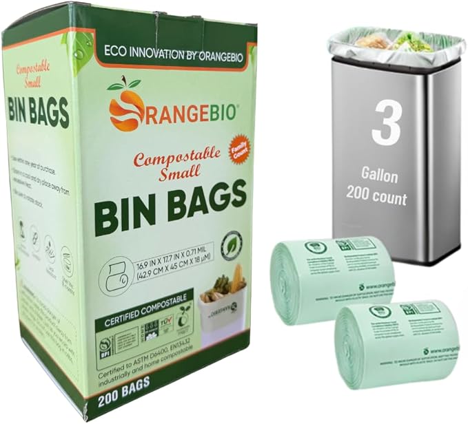 OrangeBio 3 Gallon Compostable Trash Bags 200 Count Plant-Based Small Garbage Bags for Kitchen Bathroom &amp Food Waste BPI ASTM D6400 &amp TÜV OK Compost Home Certified