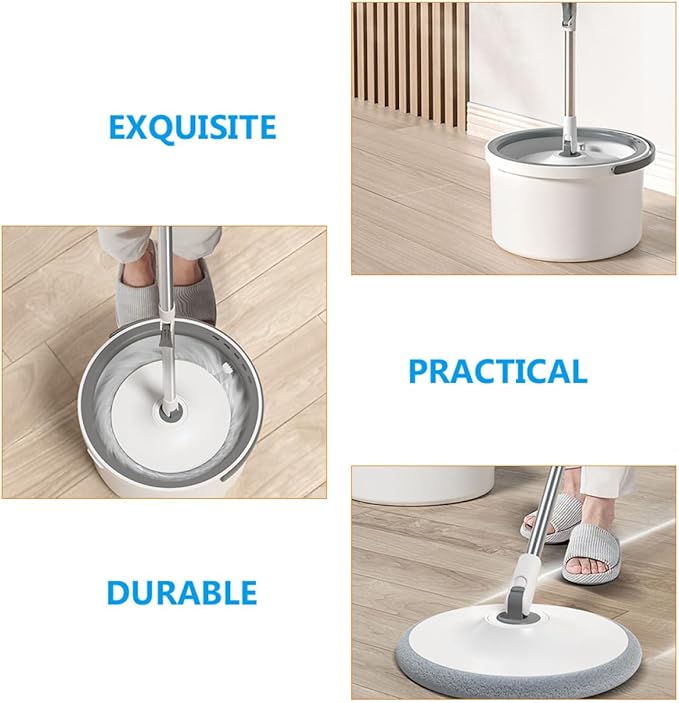 Rotary Mop with Sewage Separation and Free-Hand Wringing Gray-White Handle Round Absorbent Microfiber Head for Laminate and Hardwood Floor Cleaning at Home