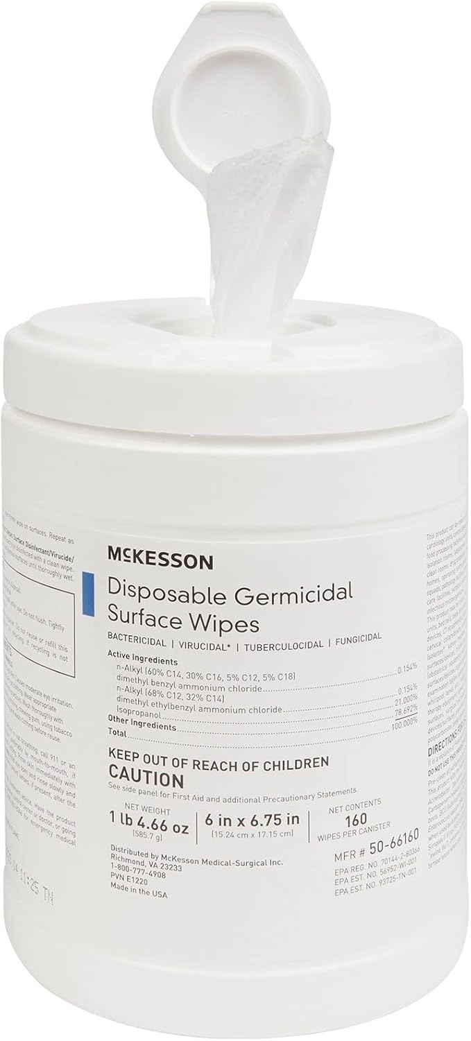 McKesson Germicidal Wipes [1920 Count] Disinfecting Wipes Alcohol Cleaning Disinfectant Wipes Hospital Grade Multi-Surface Wipes 160 Wipes 12 Pack
