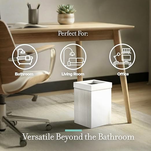 Gatco Small Bathroom Trash Can with Lid Square 3 Gallon Wastebasket Under Sink White Oak with Matte White for Bathroom Bedroom Office (1936W)