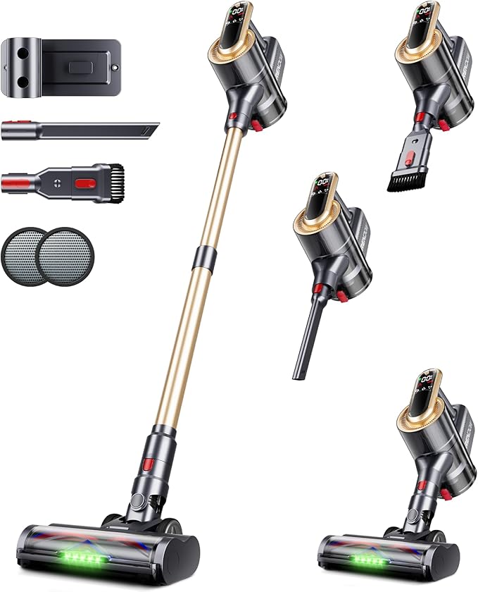 RENDOW Cordless Vacuum Cleaner 550W 45Kpa 65Mins Vacuum Cleaners for Home Self-Standing Cordless Stick Vacuum with LED DisplayAnti-Tangle Rechargeable Wireless Vacuum for Pet Hair/Carpet/Hard Floor