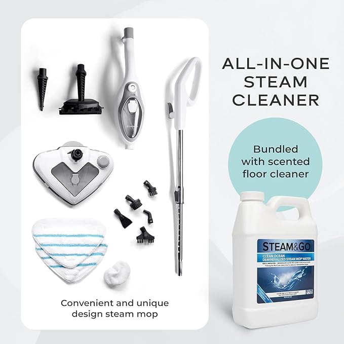 Steam &amp Go - The Housekeeper Steam Cleaner For Floors &amp Demineralized Water Bundle 10-in-1 Hard Floor Cleaner Machine &amp Grout Steam Cleaner with Floor Cleaning Solution Clean Ocean 32 o