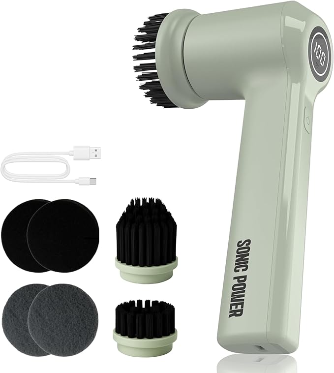 Electric Spin Scrubber – Handheld &amp Ergonomic IPX7 Waterproof 4 Multi-Purpose Brush Heads Long-Lasting Rechargeable Battery – Cleans Dishes Bathroom Tile Grout &amp Kitchen (Sage)