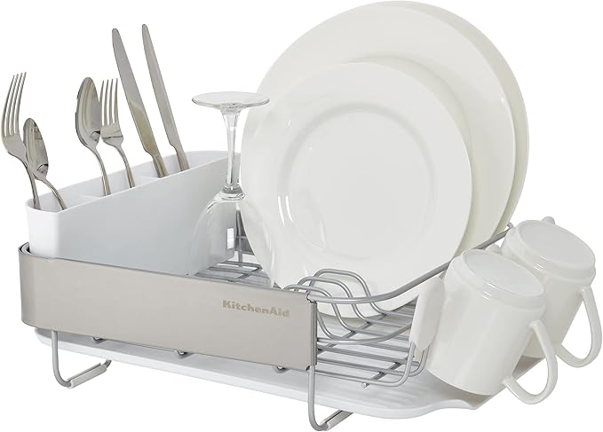KitchenAid Compact Satin Wire Rust Resistant Expandable Dish Rack with Angled Self Draining Drainboard with Removable Flatware Caddy 23.18-Inch Gray