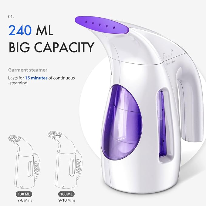 HiLIFE Steamer for Clothes Portable Handheld Design 240ml Big Capacity 700W Strong Penetrating Steam Removes Wrinkle for Home Office and Travel(ONLY FOR 120V) (Purple)