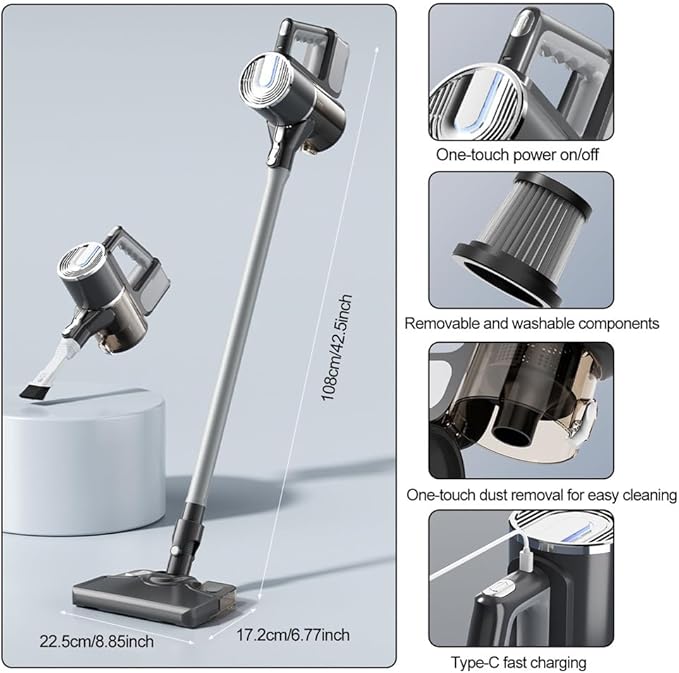BlackCordless Vacuum for Home Vacuum Cleaner with Mopping Function and 2 Adjustable Modes 1800mAH Battery Max 30 Mins Runtime and Washable Parts Stick Vacuum