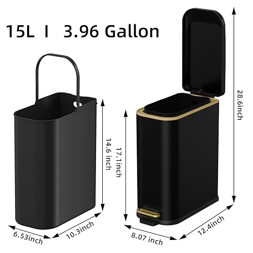 Bathroom Trash Can with Soft Close Lid 15L/ 4 GallonRectangular Trash Can with Removable Wastebasket Step Pedal Slim Wastebasket for Bedroom Home OfficeB