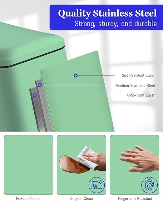 Bathroom Trash Can with Lid 10 Liter / 2.6 Gallon Trash Can with Removable Liner Bucket Soft Close lid &amp Step Pedal Stainless Steel Garbage Can for BathroomBedroomHome Office Green