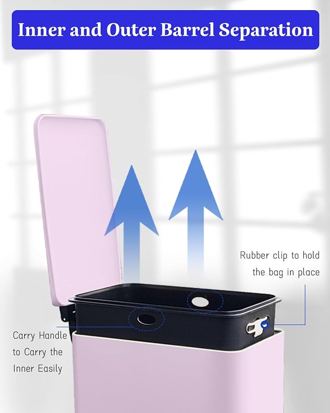 8 Gallon Step Trash Can with Soft Close Lid 30L Stainless Steel Garbage Can Fingerprint Resistant with Removal Inner Bucket Pink Trash Can for Home Kitchen Laundry Room Office Bathroom