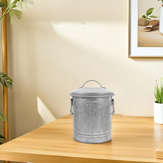 Mini Galvanized Trash Can Small Trash Can with Lid Table Top Metal Rubbish Bin Wastepaper Basket Flower Pot Pen Holder Kitchen Compost Bin Ash Bucket