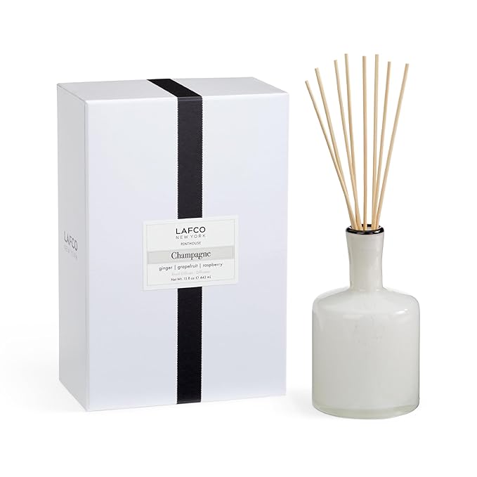 LAFCO New York Signature Reed Diffuser Champagne - 15 oz - Up to 9 Months Fragrance Life - Reusable Hand Blown Glass Vessel - Natural Wood Reeds - Made in The USA