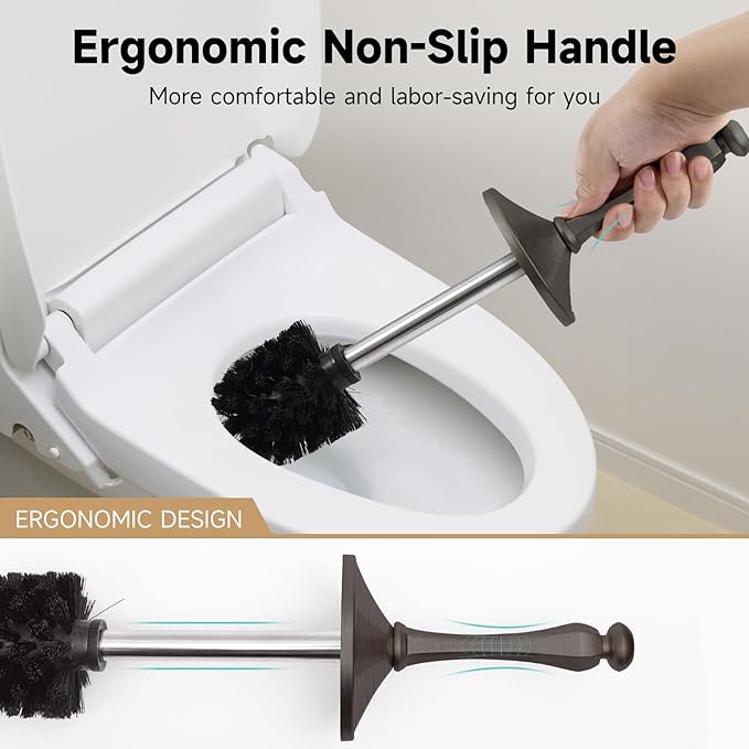 Pewter Toilet Brush and HolderExtra Long Handled Toilet Brush for BathroomStainless Steel Heavy Duty Toilet Bowl BrushDeep Cleaning Modern Toilet Cleaner Brush -Space Saving Covered Brush