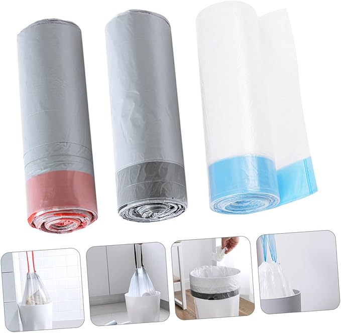 VICASKY 90pcs Drawstring Trash Bags Disposable Garbage Bags with Handles for Kitchen and Bathroom Use Gray and White Color Random Styles Random Color