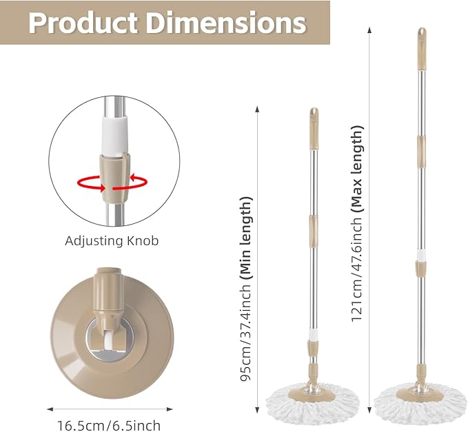 Spin Mop Replacement Handle 47.6-inch 360 Degrees Rotating Telescopic Replacement Mop Stick with Robust Reinforced Plastic Disc for Spin Mop Bucket Cleaning System (Plastic DiscKhaki)