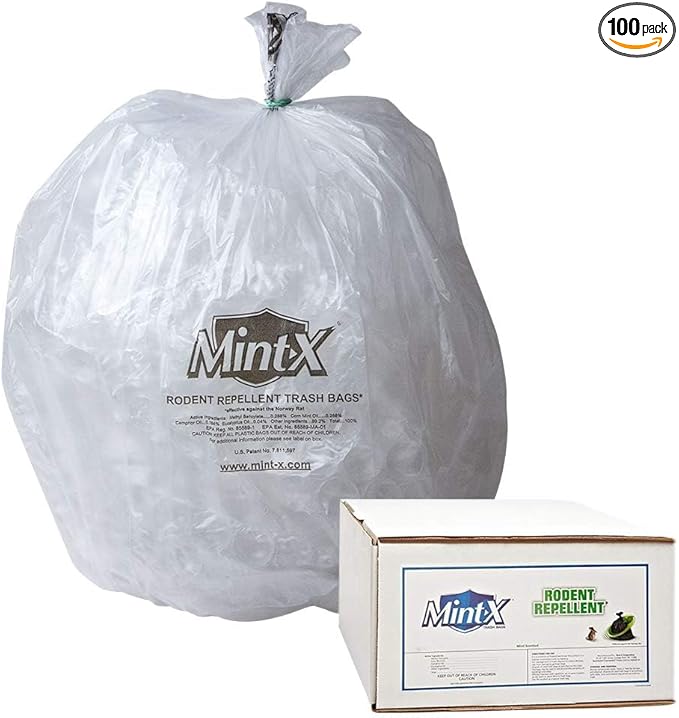 Mint-X Rodent Repellent Trash Bags 1.3 Mil Flat Seal 46 Height x 33 Length Clear (Pack of 100) (MX3346XHC)