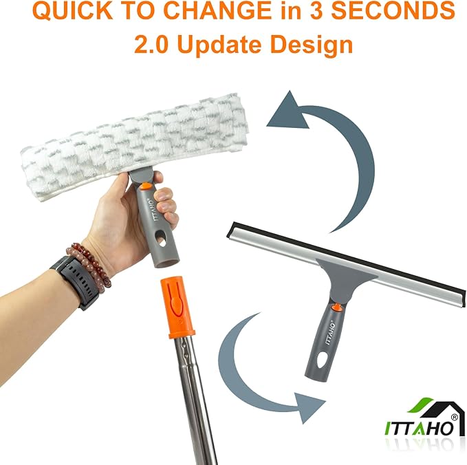 ITTAHO Squeegee for Window Cleaning12 Squeegee and 11 Microfiber Scrubber Combi with Stainless Steel PoleExtendable Window Cleaner for CarSliding DoorShower Glass Door-Swivel Style-2 Pads