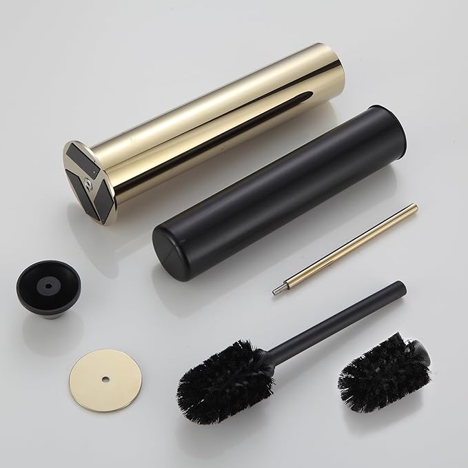 BGL Toilet Brush and Holder Set Heavy Duty 304 Stainless Steel Round Base and Long Handle for Bathroom Deep Cleaning Drip-Proof Space Saving for Storag Polished Gold