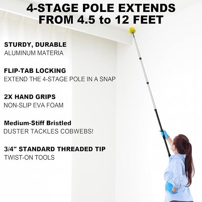 4-12ft Cobweb Duster with Extension Pole 20 Foot High Reach Feather Dusters with Bristles for Cleaning Outdoor Indoor 4-Stage Spider Web Remover with Telescopic Pole for Ceiling Wall Yellow