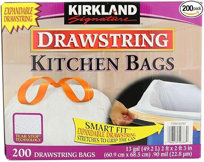 KIRKLAND SIGNATURE Drawstring Kitchen Trash Bags - 13 Gallon 200-Count (Pack of 2)