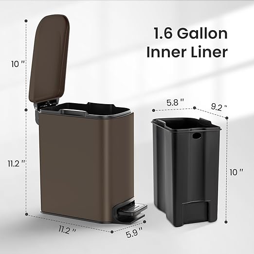 Cesun Small Bathroom Trash Can with Lid Soft Close Step Pedal 6 Liter / 1.6 Gallon Stainless Steel Garbage Can with Removable Inner Bucket Anti-Fingerprint Finish (Brown)