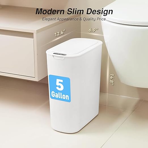Automatic Motion Sensor Bathroom Trash Can with Lid 5 Gallon Touchless Trash Bin Smart Electric Narrow Waterproof Garbage Bin for Toilet Office Rv Bedroom Living Room