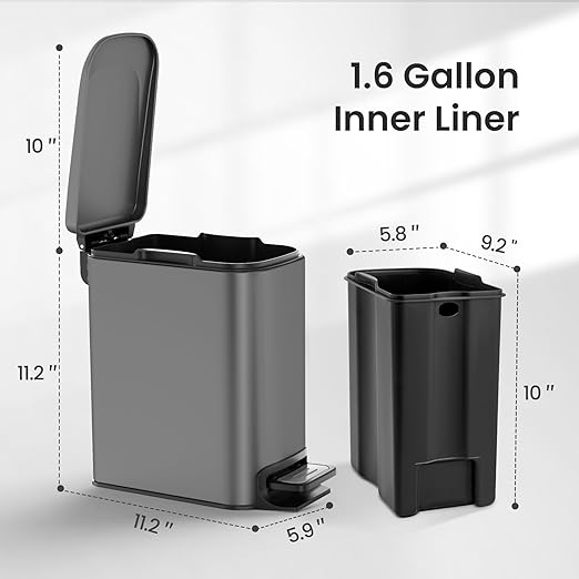 Cesun Small Bathroom Trash Can with Lid Soft Close Step Pedal 6 Liter / 1.6 Gallon Stainless Steel Garbage Can with Removable Inner Bucket Anti-Fingerprint Finish (Gray)