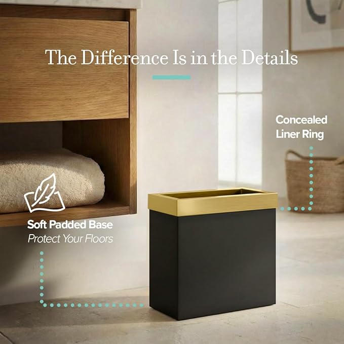Gatco Small Bathroom Trash Can With Lid Rectangle 3 Gallon Stainless Steel Wastebasket Under Sink Matte Black And Brushed Brass For Bathroom Bedroom Office (1938)