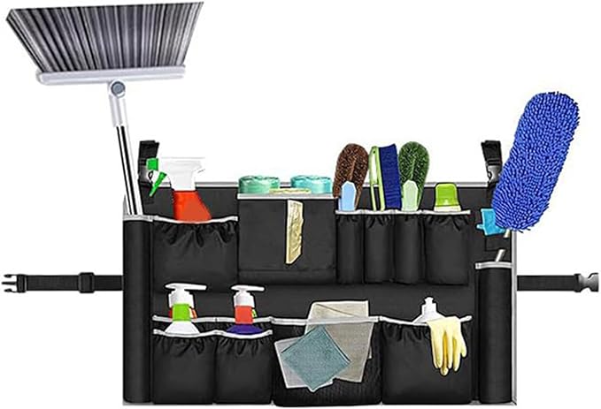 Trash Can Cleaning Tool Bag Trash Can Caddy Bag Multi Pockets Fit 32-55 Gallon Garbage Bin for Cleaning Janitorial Duty