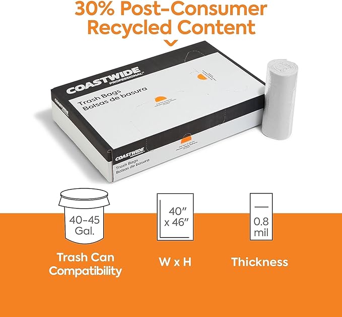 PROFESSIONAL Clear 40-45 Gallon Trash Bag 40-inch x 46-inch Low Density 0.8 mil 6 Rolls/Box 150 Bags/Box