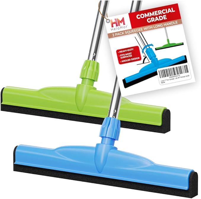 HeloMor 2 Pack 17” Floor Squeegee Broom Scrubbing Brush with Telescopic Long Handle for Garage Patio Deck Tile and Shower | 62 Large Floor Squeegee for Concrete Floor | Shower Telescopic Squeegee