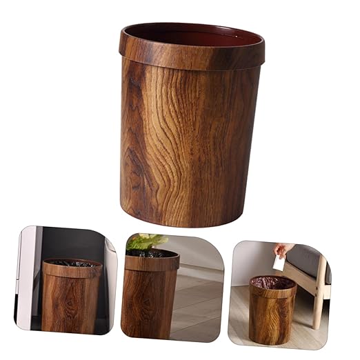 Unomor Plastic Waste Bucket Imitation Wood Grain Home Trash Can Bathroom Bedroom Wastebasket