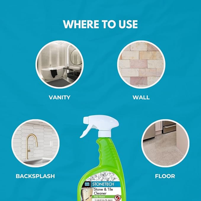 StoneTech Stone &amp Tile Cleaner Spray – Daily Cleaner for Granite Marble Ceramic Porcelain &amp Stone – Removes Spills Dirt &amp Grease – pH Neutral - 2-Pack 24oz each + 2 Microfiber Cloths