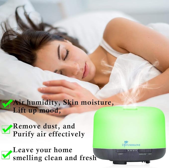 Diffuserlove Essential Oil Diffuser 500ML Aromatherapy Diffuser Mist Humidifiers 7 Color LED Lights Diffusers for Home Office Bedroom (Size:6.7 L x 6.7 W x 4.7 H)