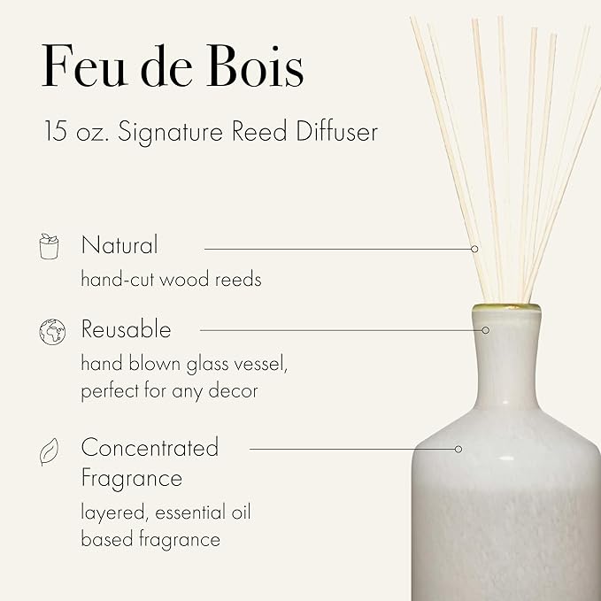 LAFCO New York Signature Reed Diffuser Feu de Bois - 15 oz - Up to 9 Months Fragrance Life - Reusable Hand Blown Glass Vessel - Natural Wood Reeds - Made in The USA