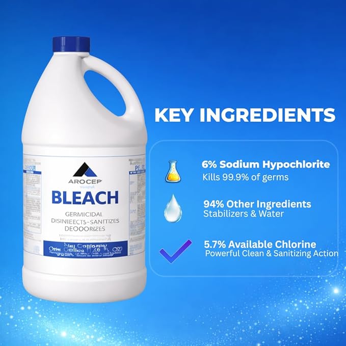 Liquid Chlorine Bleach Gallon – 6Pcs 1 Gallon Jug Bleach for Laundry Household Cleaning Commercial Use - Highly Concentrated Formula Bathroom Cleaner Ideal for Kitchen Surfaces Tiles Floors