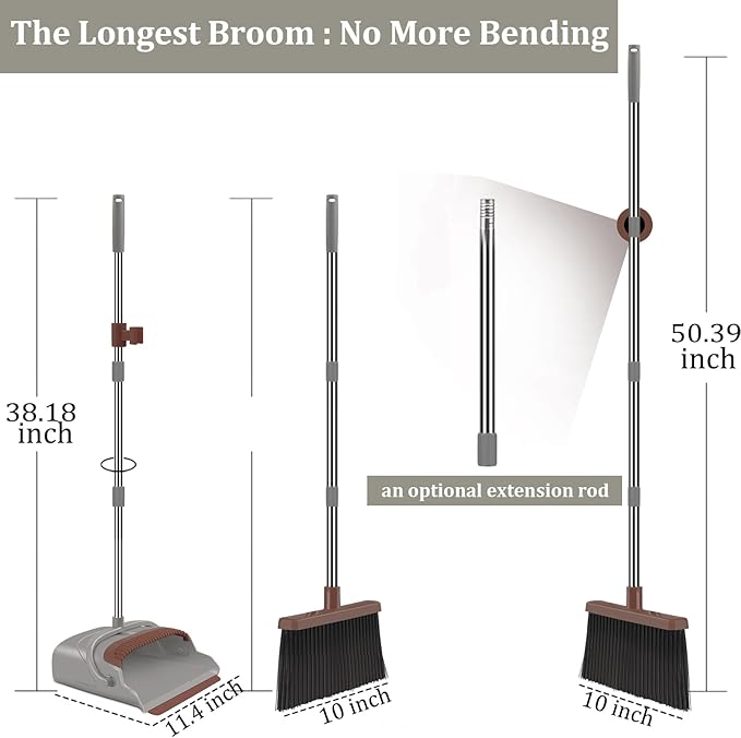 kelamayi Upgrade Broom and Dustpan Set Self-Cleaning with Dustpan Teeth Ideal for Dog Cat Pets Home Use Super Long Handle Upright Stand Up Broom and Dustpan Set (Brown)