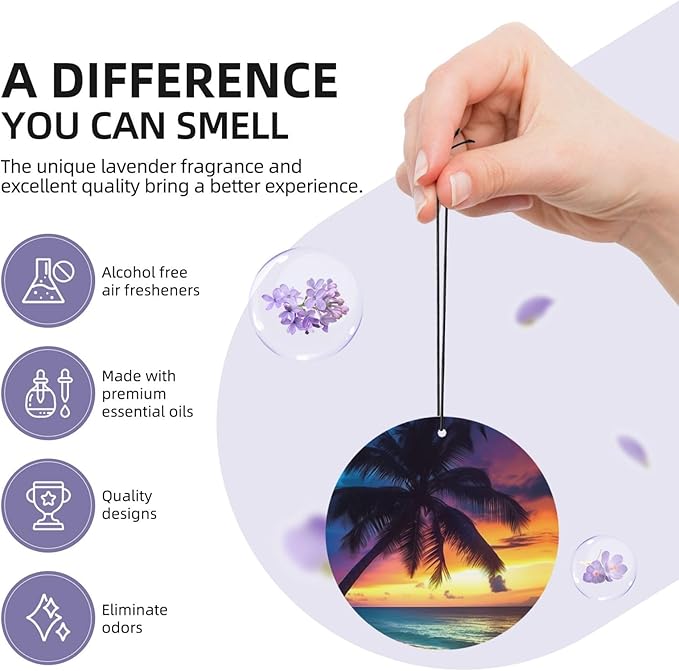 24 PCS Hanging Car Air Freshener Double Sided Coconut on the Beach Automotive Interior Decor Sea Sunset Palm Tree Car Essentials for Women Men Lavender Scented