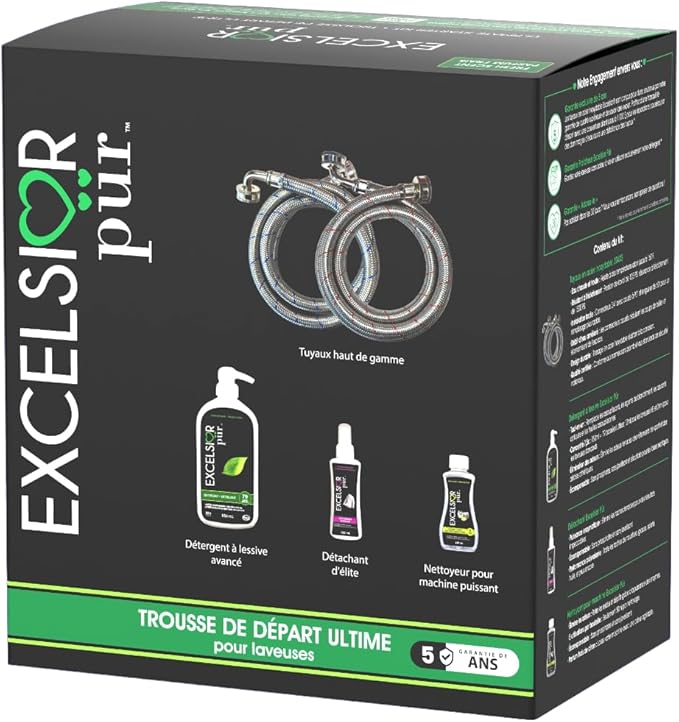 Excelsior Pür Ultimate Starter Kit 7.5X Concentrated Laundry Detergent (79 Loads) Enzyme Stain Remover Washer Cleaner Stainless Steel Washer Hoses Water Leak Detector Fresh Scent