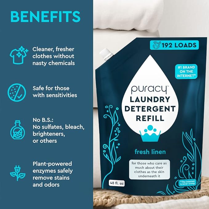 Puracy 12oz Stain Remover Laundry Stain Remover Spray for Clothes Enzyme-powered Natural Liquid Laundry Detergent 48oz Refill Free &amp Clear 12oz &amp Fresh Linen 48oz Bundle