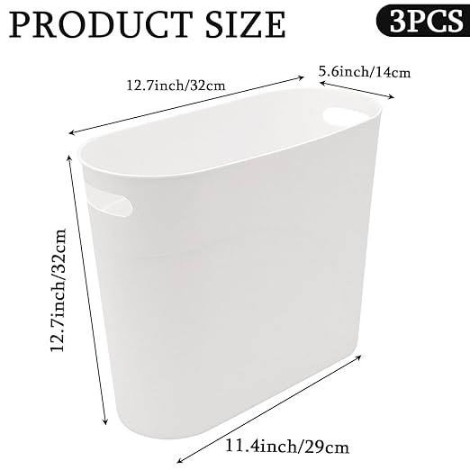 3 Pack Narrow Office Trash Can 3.2 Gallon Slim Waste Basket Plastic Bathroom Wastebasket Slim Garbage Can Container Bin with Handle for Narrow Spaces Bathroom Bedroom Kitchen Office at Home White