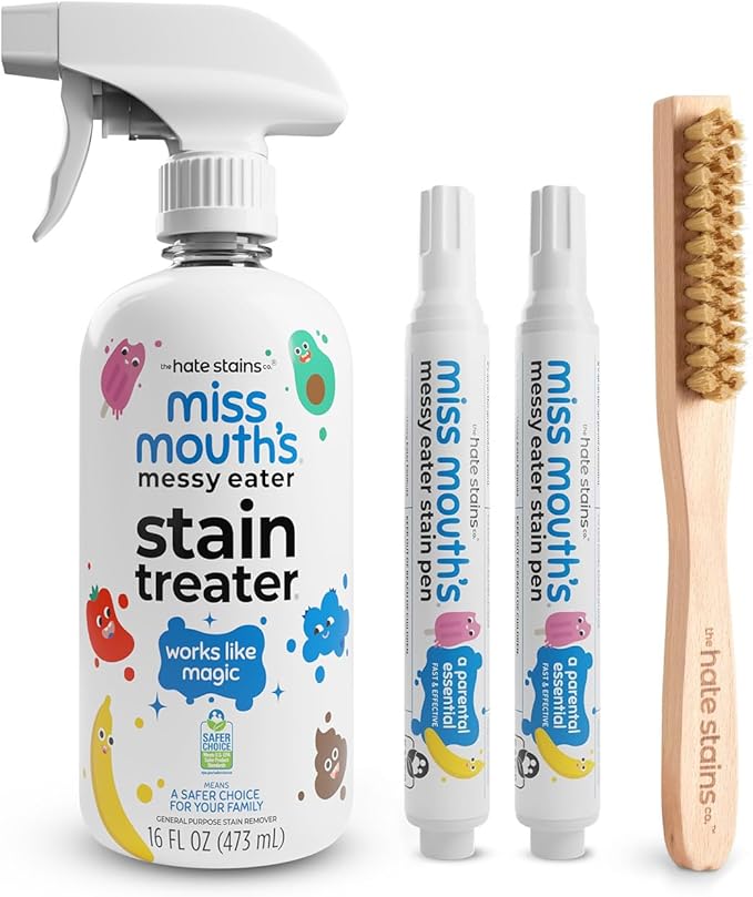 Miss Mouth's Messy Eater Stain Treater &amp Pen Bundle - 16oz Spray Portable Stain Remover Pens &amp Laundry Brush - Spot Cleaner for Clothes Carpet &amp On-the-Go