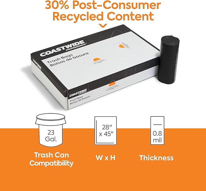 Professional 23 Gallon Trash Bag with 30% PCR 28 x 45 Low Density 0.8 mil Black 250 Bags/Box