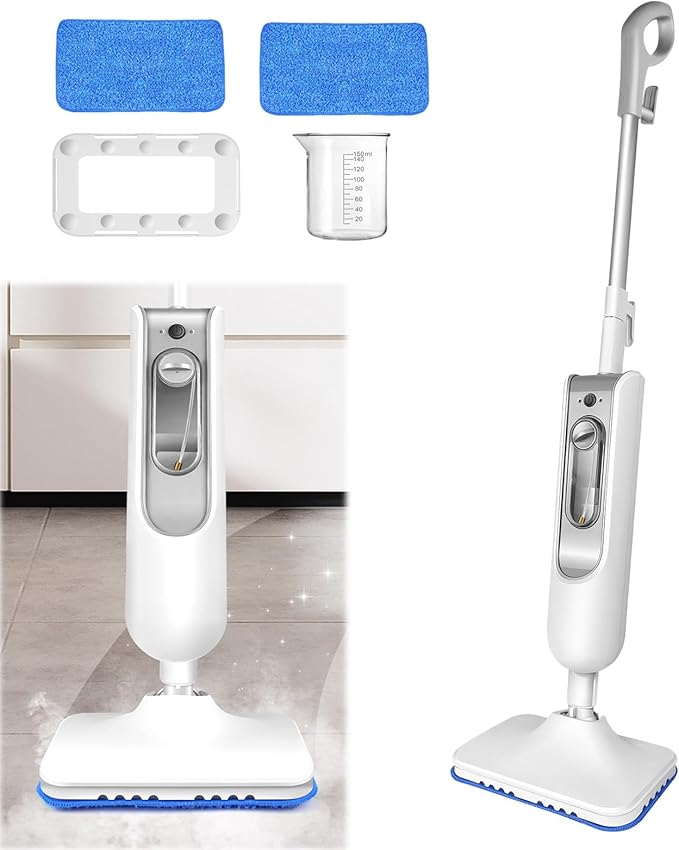 Steam Mop for Floor Cleaning Lightweight Floor Steamer for Hardwood Tile Laminate and Carpet Adjustable Steam Modes 16ft Cord 13.5Oz Tank Includes 2 Washable Pads White
