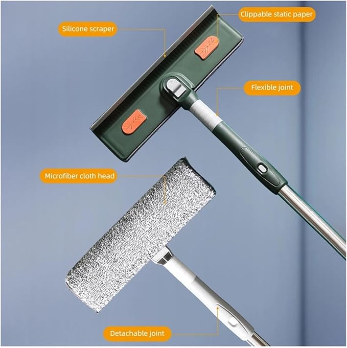72-226CM Extended Window Cleaning Tool Glass Cleaner Mop with Silicone Scraper Brush Household Tools(226cm Green Set)