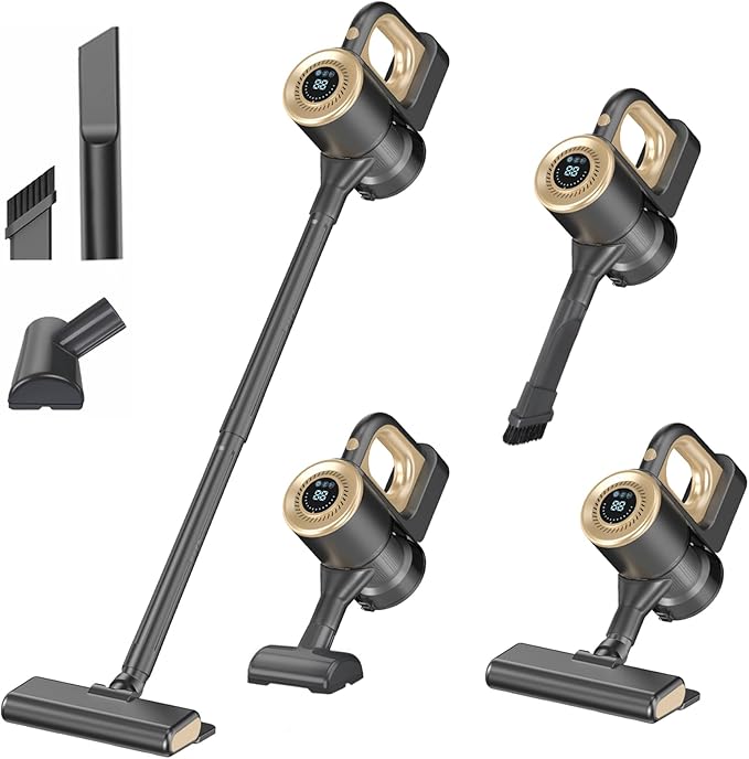 Cordless Vacuum Cleaner Powerful Suction Vacuum Cleaners for Home Stick Vacuum Cordless Rechargeable with LED Screen and 3-Speed Suction Lightweight Vacuum for Hard Floors Carpets Pet Hair Gold