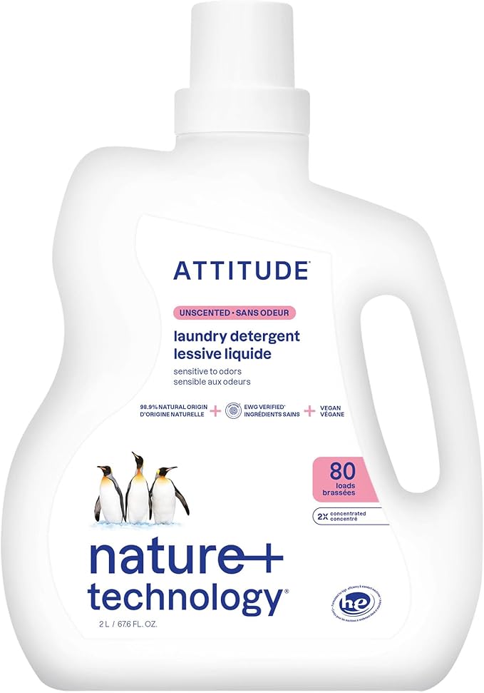 ATTITUDE Liquid Laundry Detergent EWG Verified HE Compatible Plant-Based &amp Vegan Natural Laundry Soap Unscented 80 Loads 67.6 Fl Oz